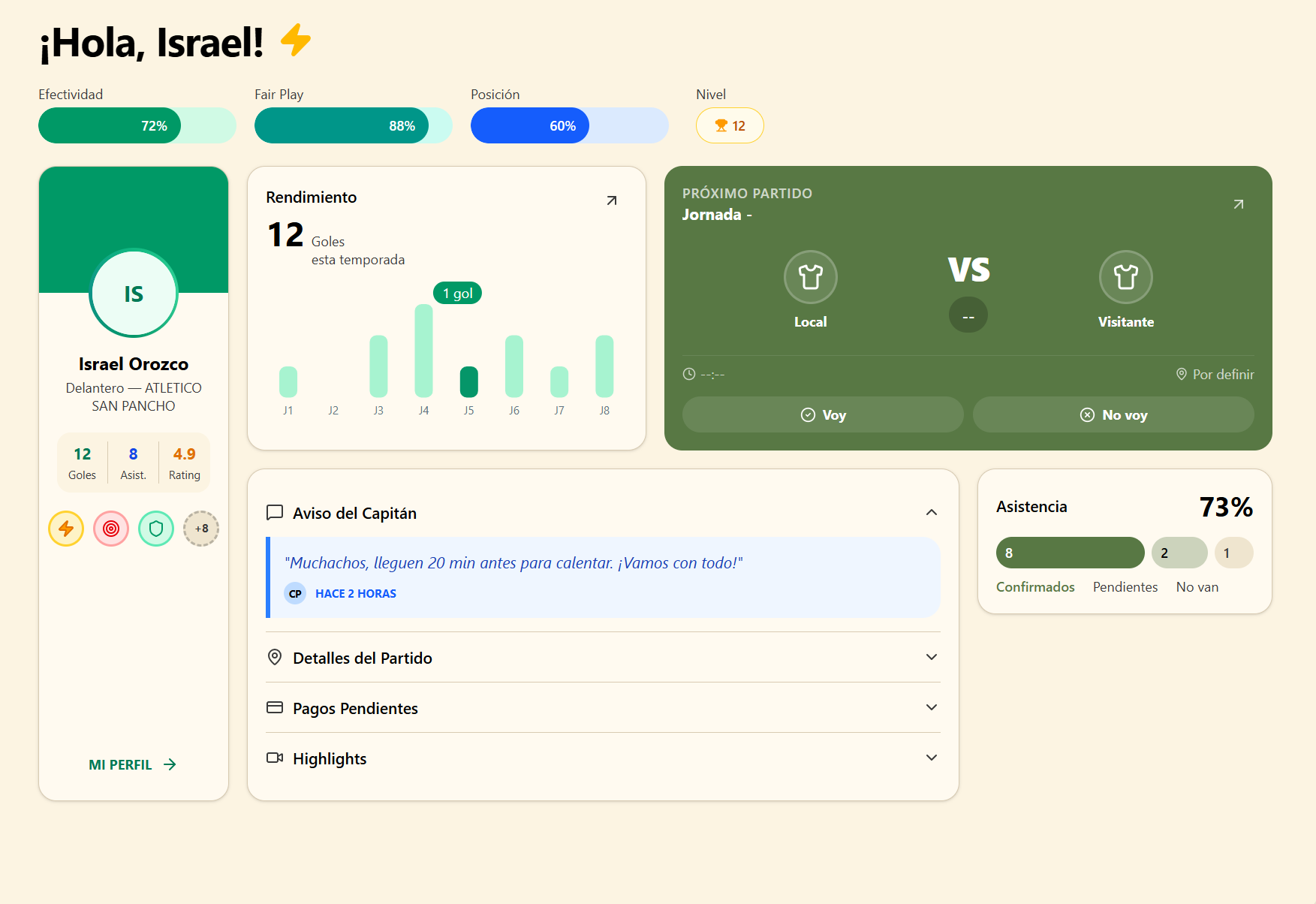 Vista del jugador — reservas y torneos
